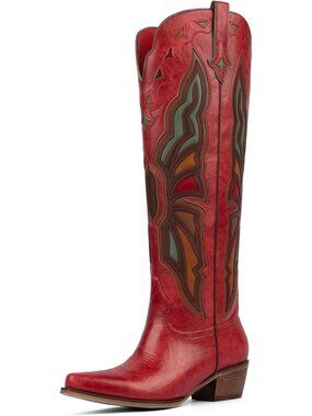 Women's Red Cowboy Knee High Chunky Heel Butterfly Cowgirl Boots Wide Calf